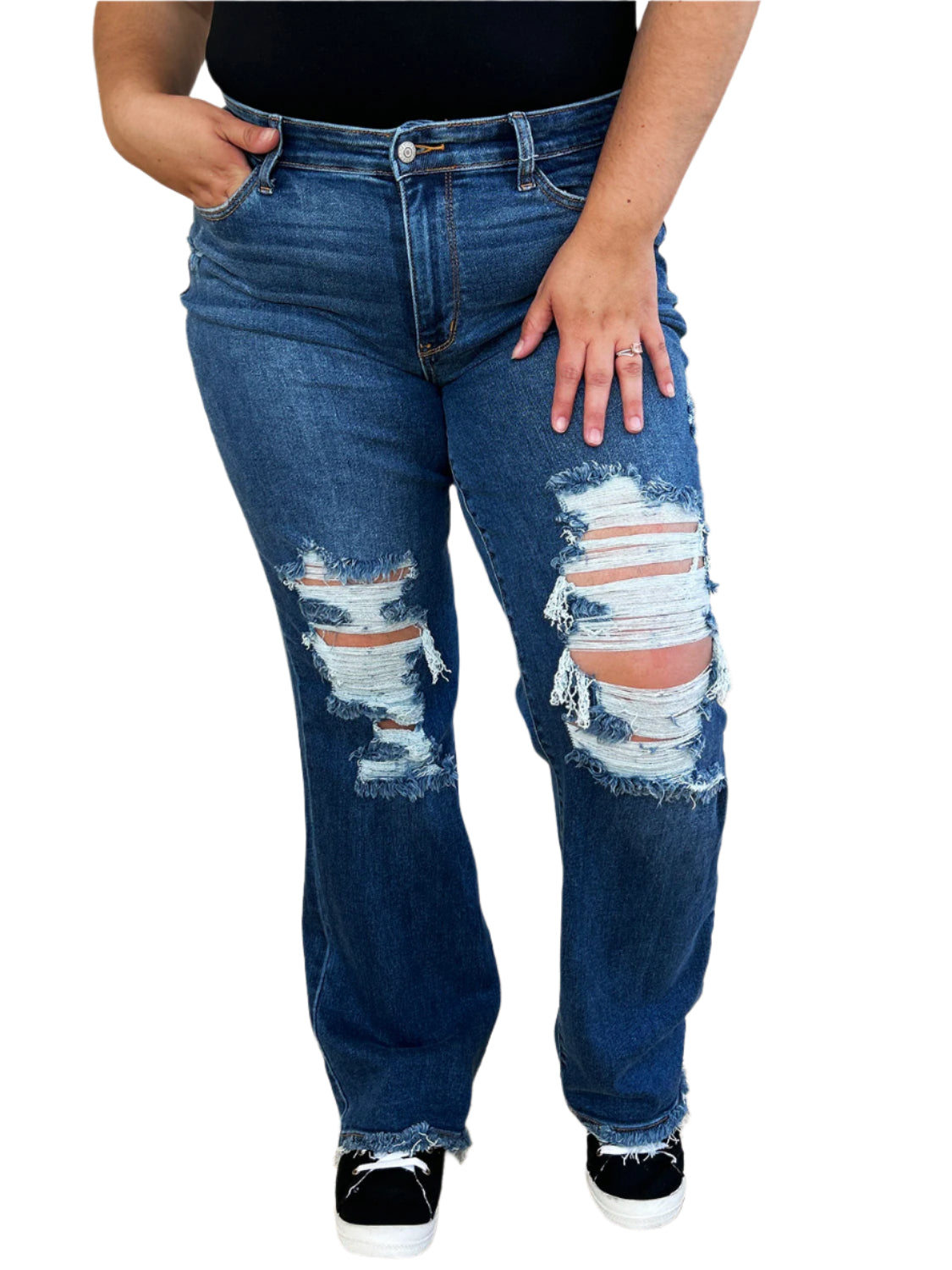 Mid Rise Distressed Raw Hem Jeans