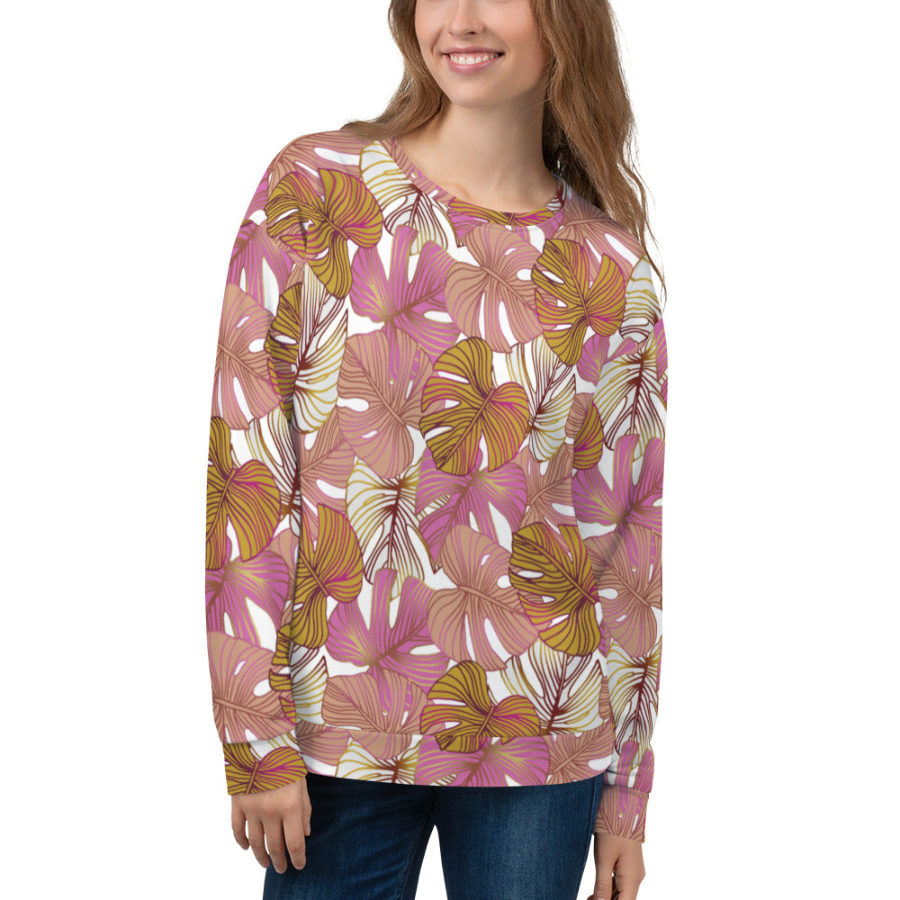 Women's Pullover Soft Fleece Crewneck Sweatshirt, Pink Tropical Plant Printed Pattern