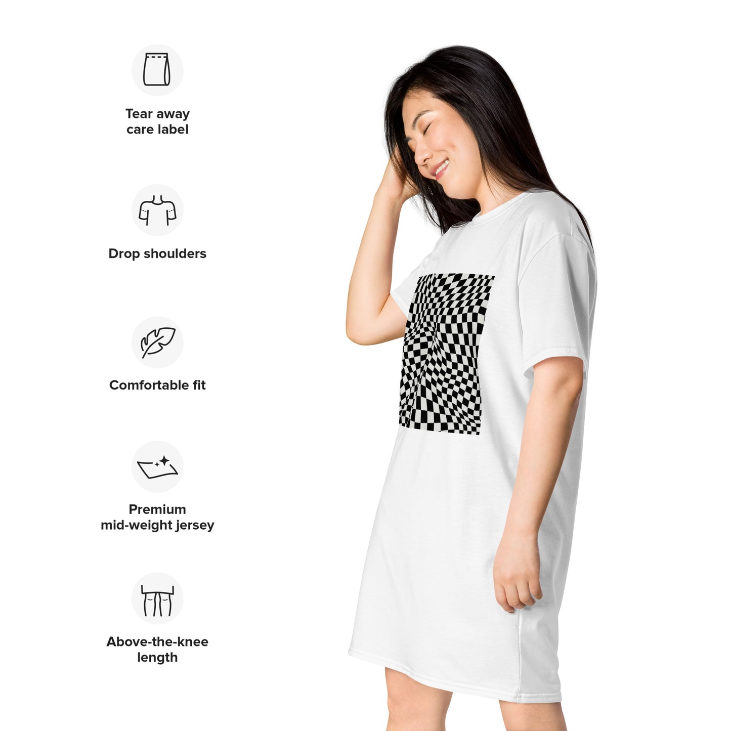 Women's Casual Black and White Checkered Graphic T-shirt Dress