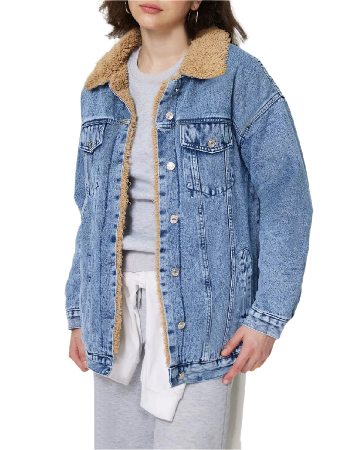 Button Up Collared Neck Plush Denim Jacket