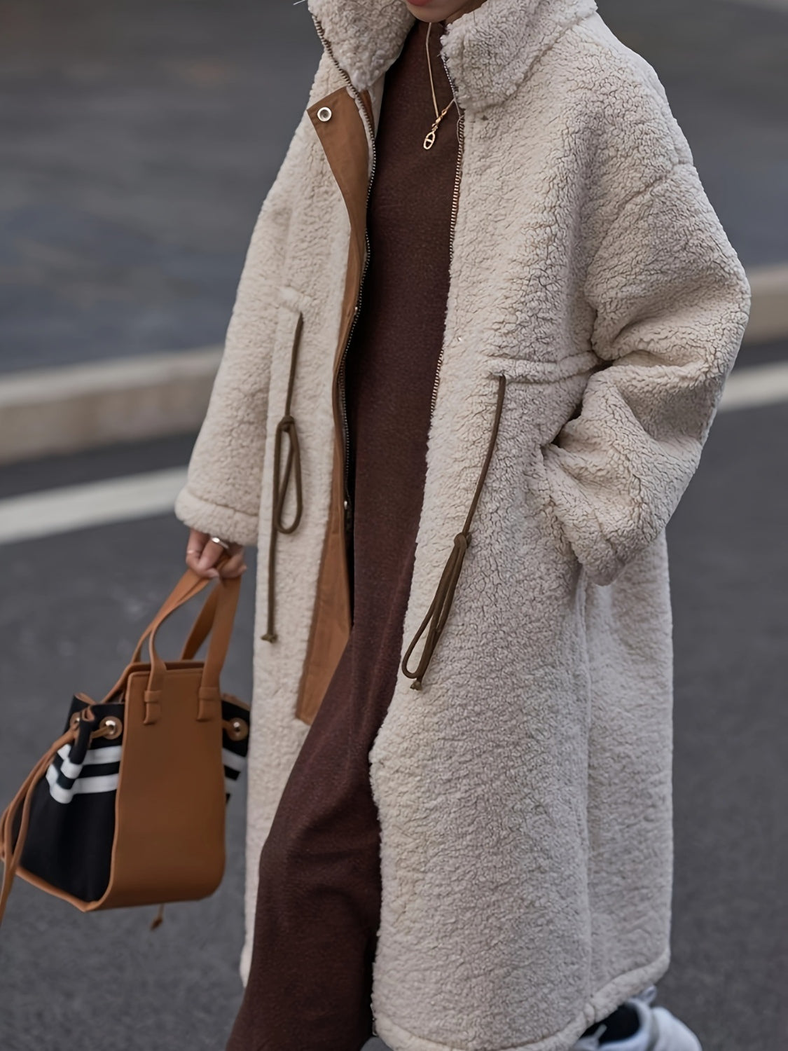 Drawstring Zip Up Turtleneck Sherpa Coat