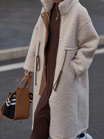 Drawstring Zip Up Turtleneck Sherpa Coat