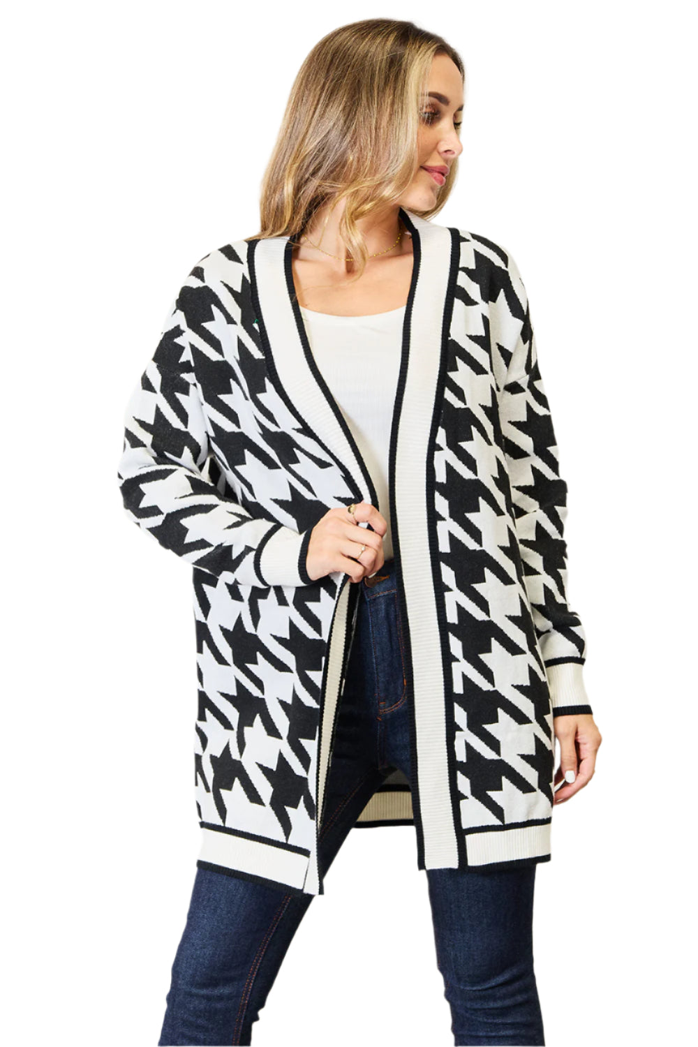 Woven Right Houndstooth Open Front Longline Cardigan