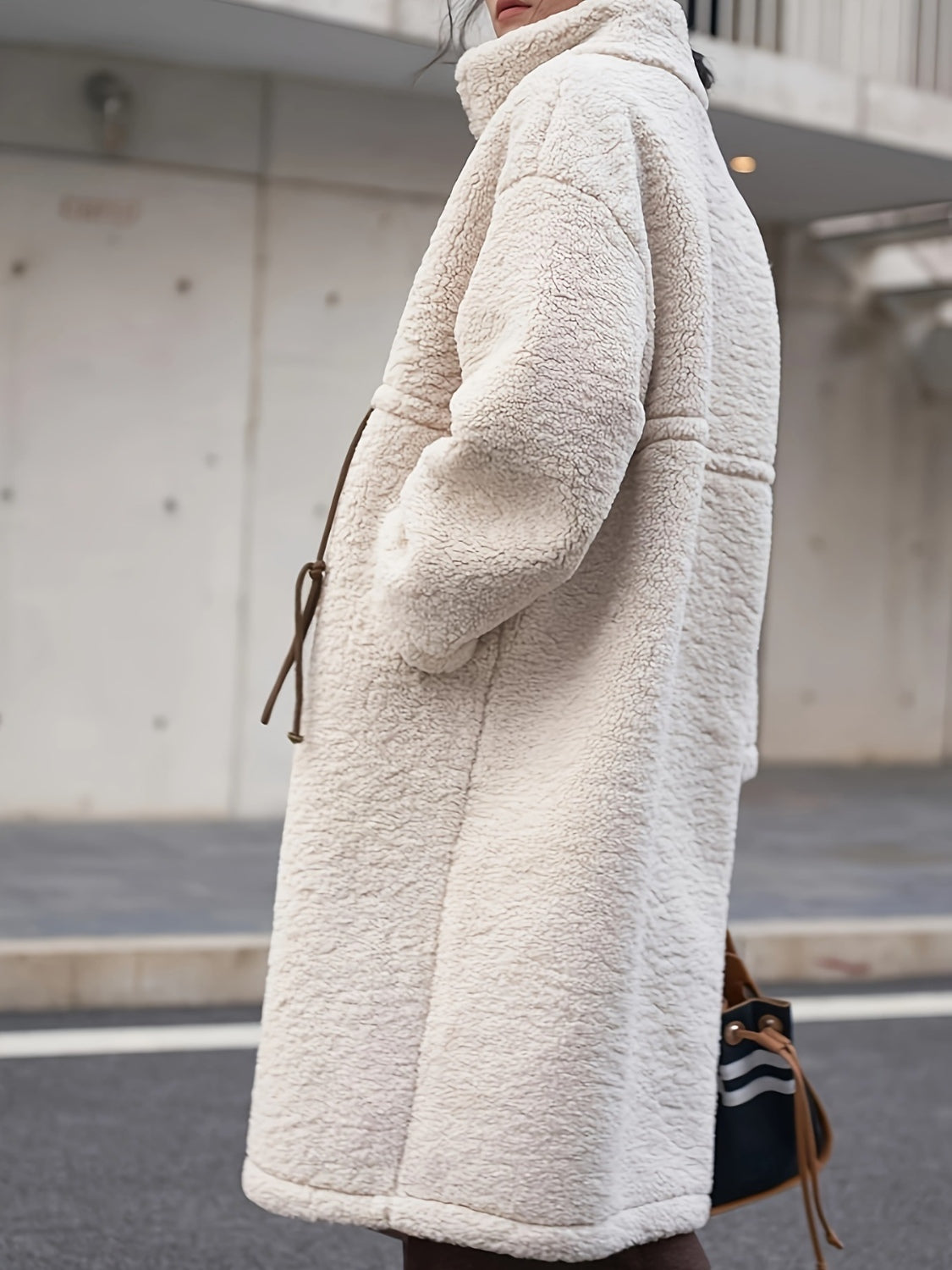 Drawstring Zip Up Turtleneck Sherpa Coat