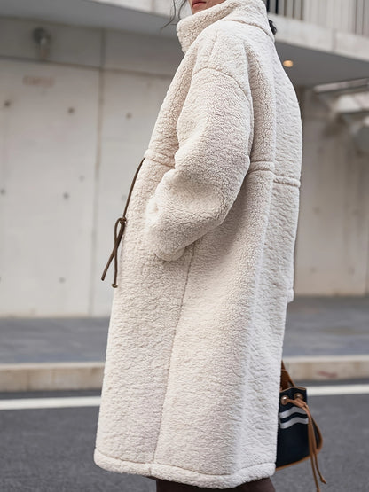 Drawstring Zip Up Turtleneck Sherpa Coat