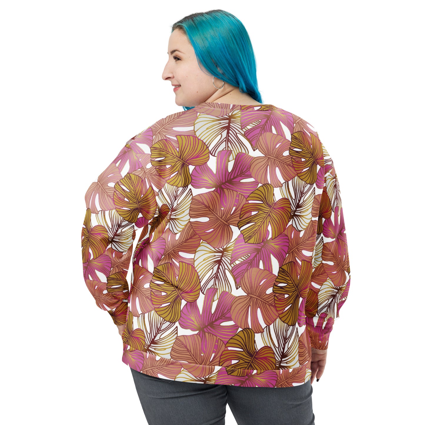 Women's Pullover Soft Fleece Crewneck Sweatshirt, Pink Tropical Plant Printed Pattern