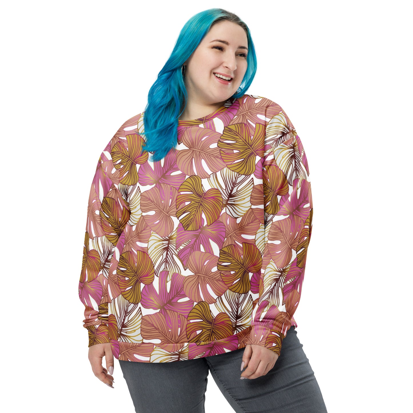 Women's Pullover Soft Fleece Crewneck Sweatshirt, Pink Tropical Plant Printed Pattern