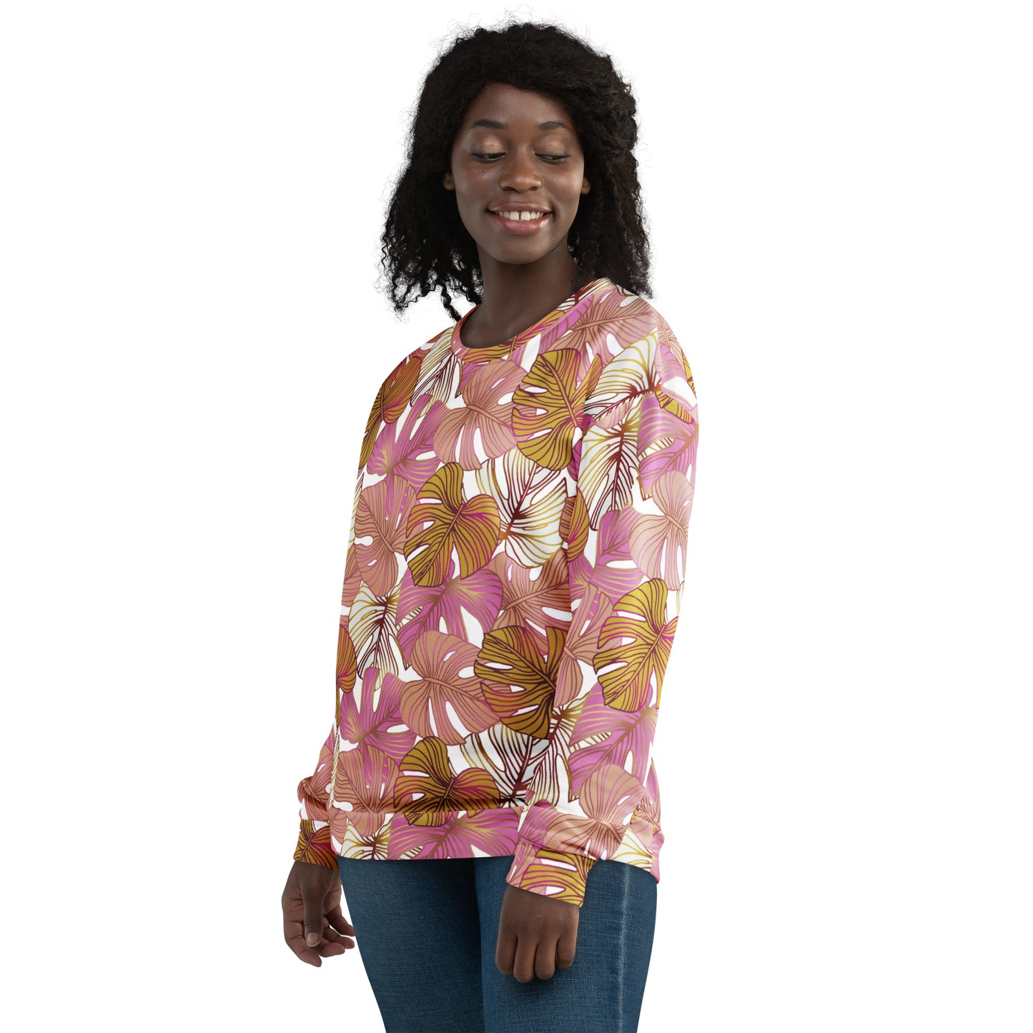 Women's Pullover Soft Fleece Crewneck Sweatshirt, Pink Tropical Plant Printed Pattern