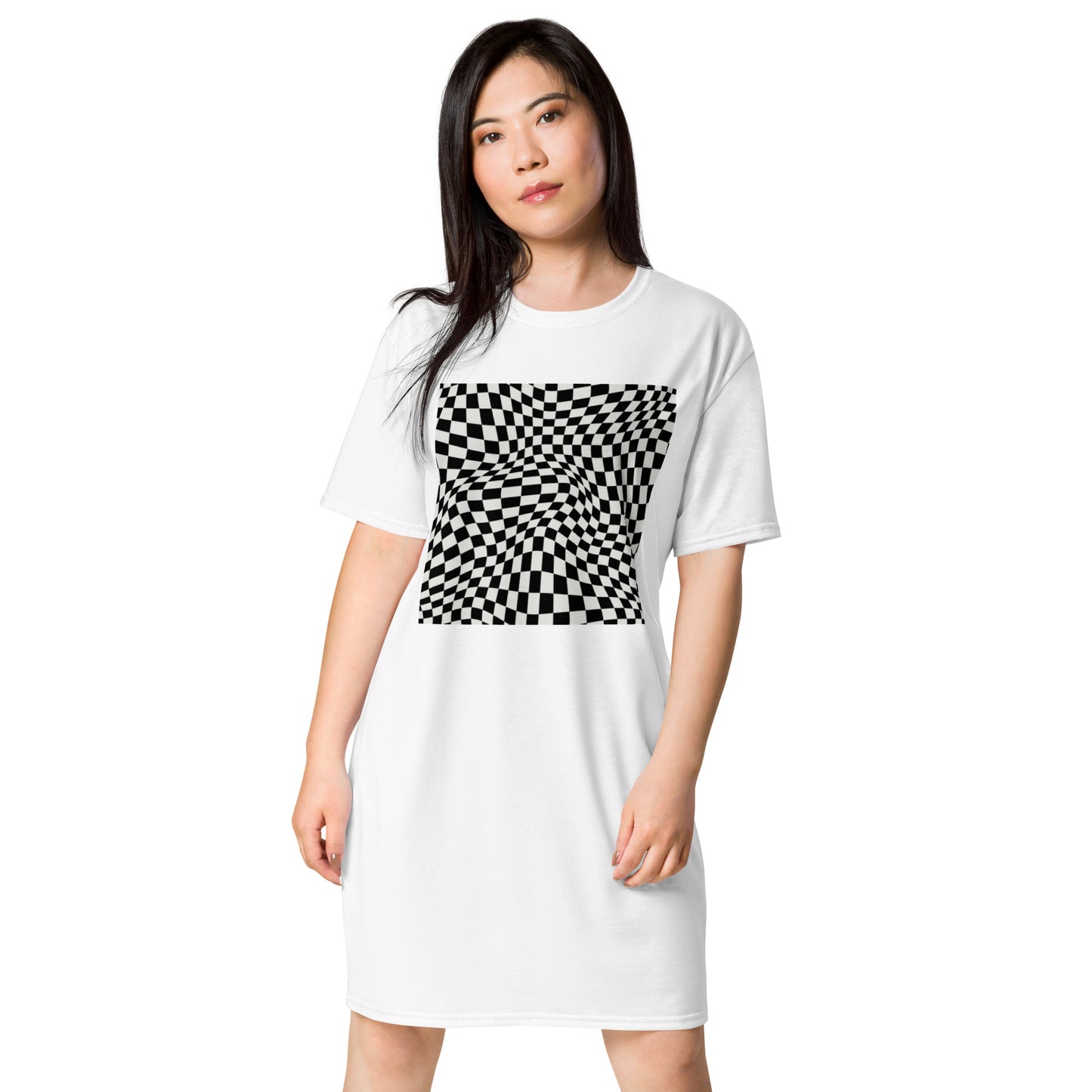 Women's Casual Black and White Checkered Graphic T-shirt Dress