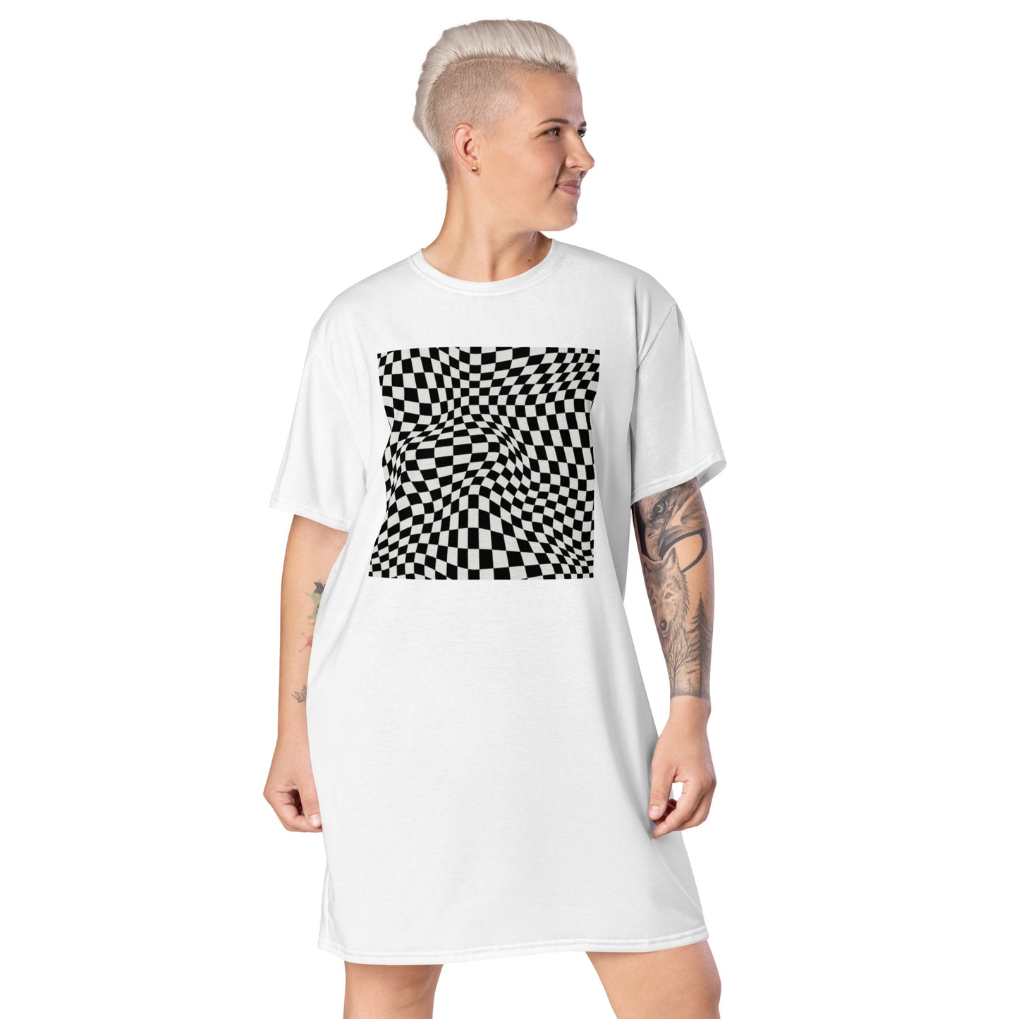 Women's Casual Black and White Checkered Graphic T-shirt Dress