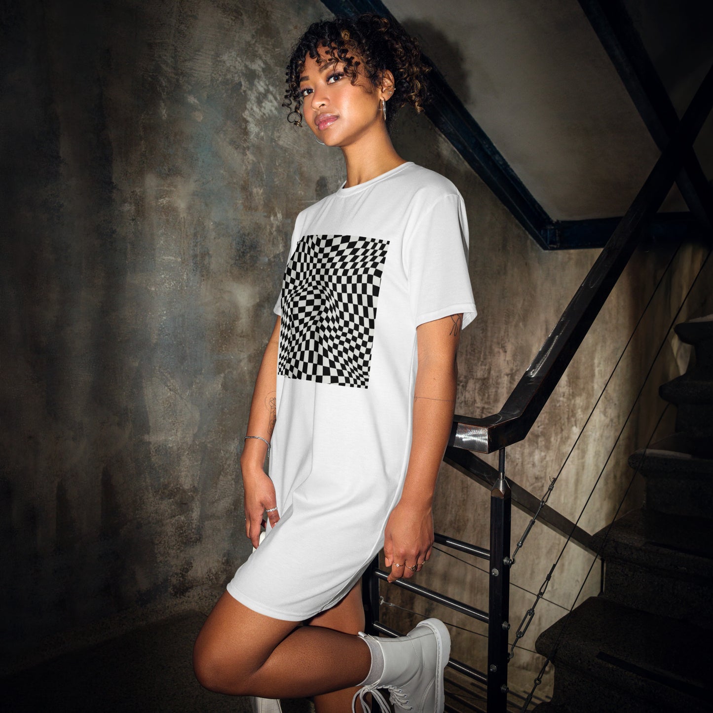 Women's Casual Black and White Checkered Graphic T-shirt Dress