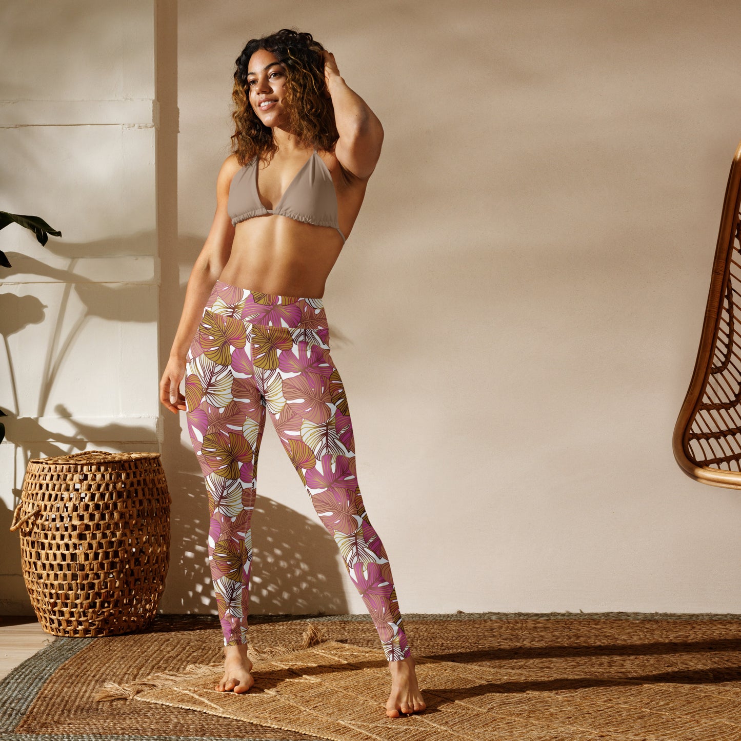 Women's Workout Yoga Leggings, Pink Tropical Plant Printed Pattern