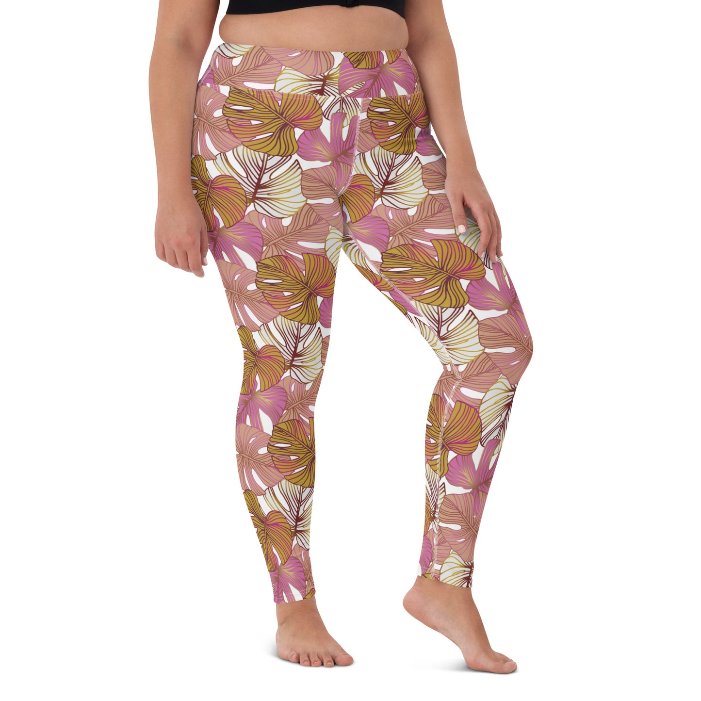 Women's Workout Yoga Leggings, Pink Tropical Plant Printed Pattern