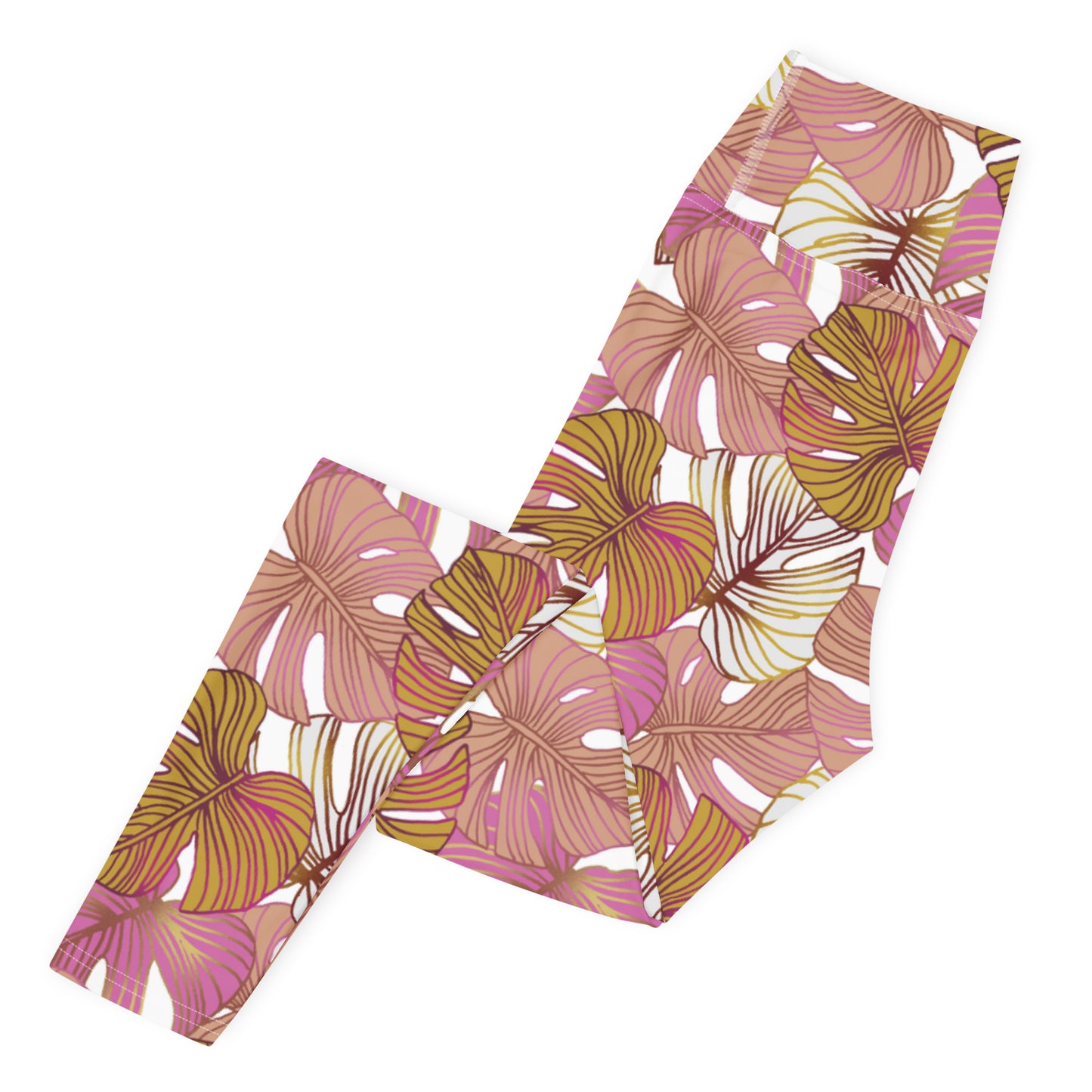 Women's Workout Yoga Leggings, Pink Tropical Plant Printed Pattern
