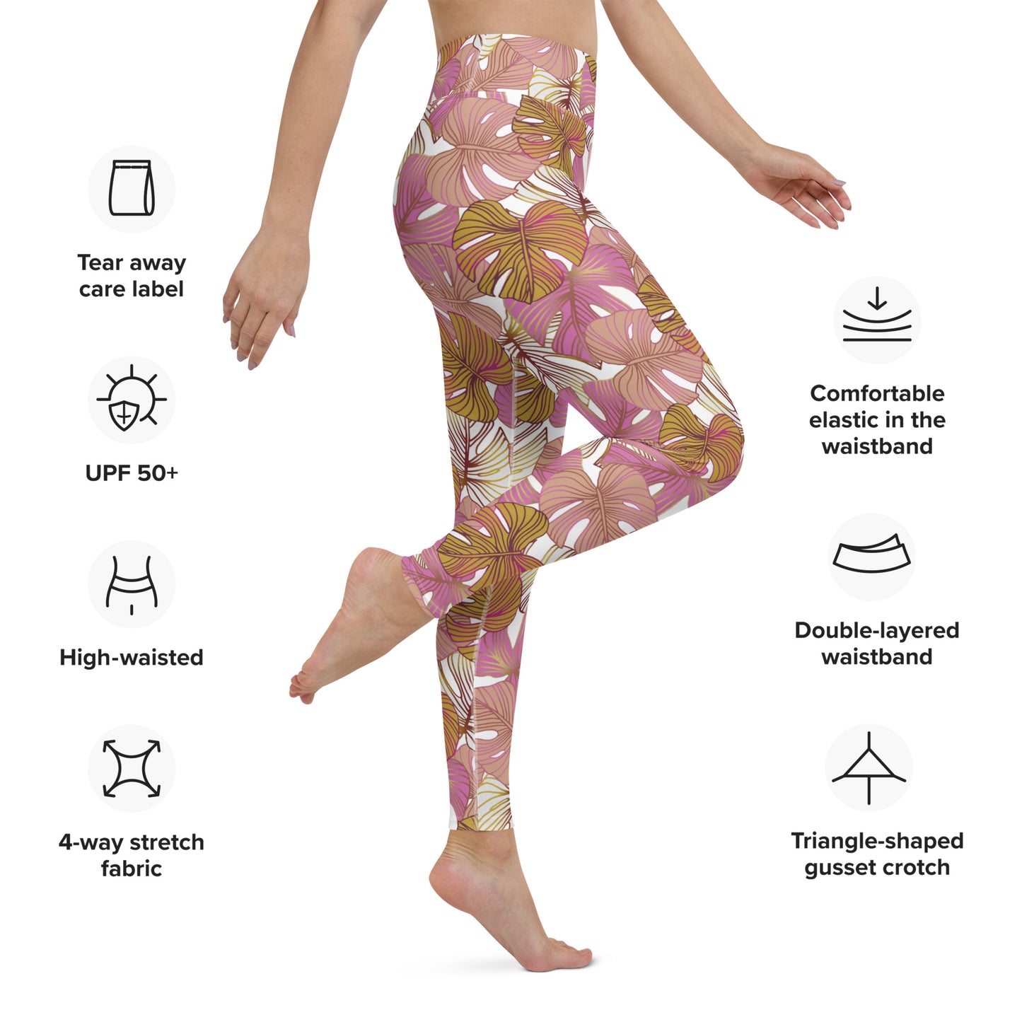 Women's Workout Yoga Leggings, Pink Tropical Plant Printed Pattern