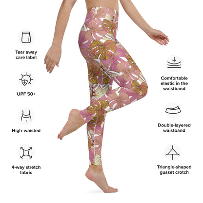 Women's Workout Yoga Leggings, Pink Tropical Plant Printed Pattern