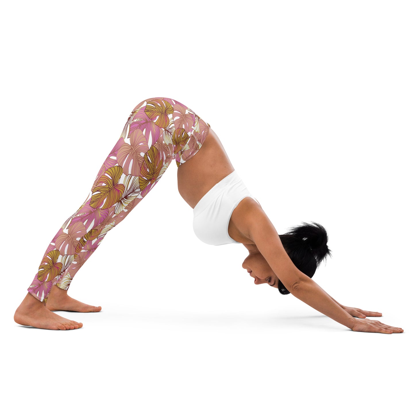Women's Workout Yoga Leggings, Pink Tropical Plant Printed Pattern