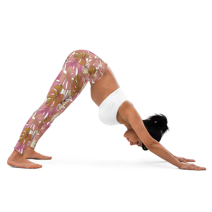 Women's Workout Yoga Leggings, Pink Tropical Plant Printed Pattern