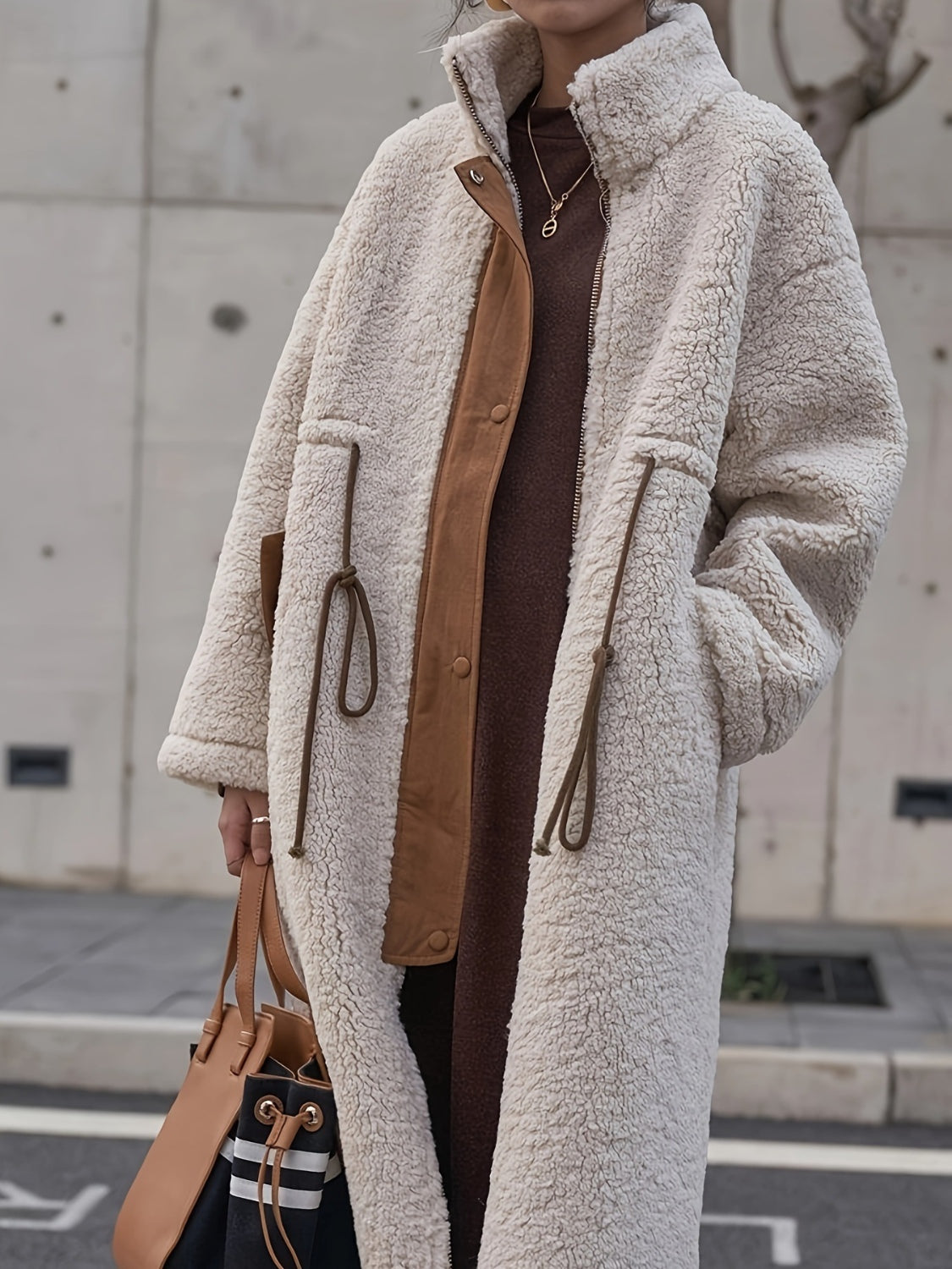 Drawstring Zip Up Turtleneck Sherpa Coat