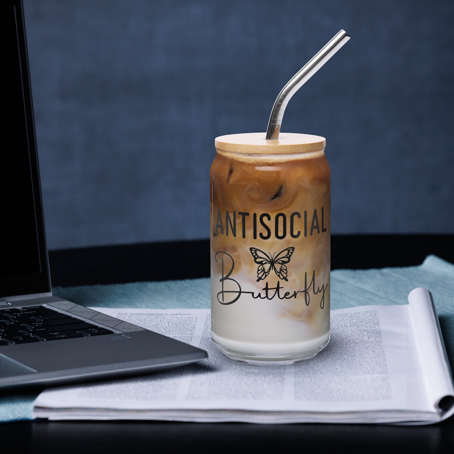 Can-shaped Glassware Anti Social Butterfly Graphic