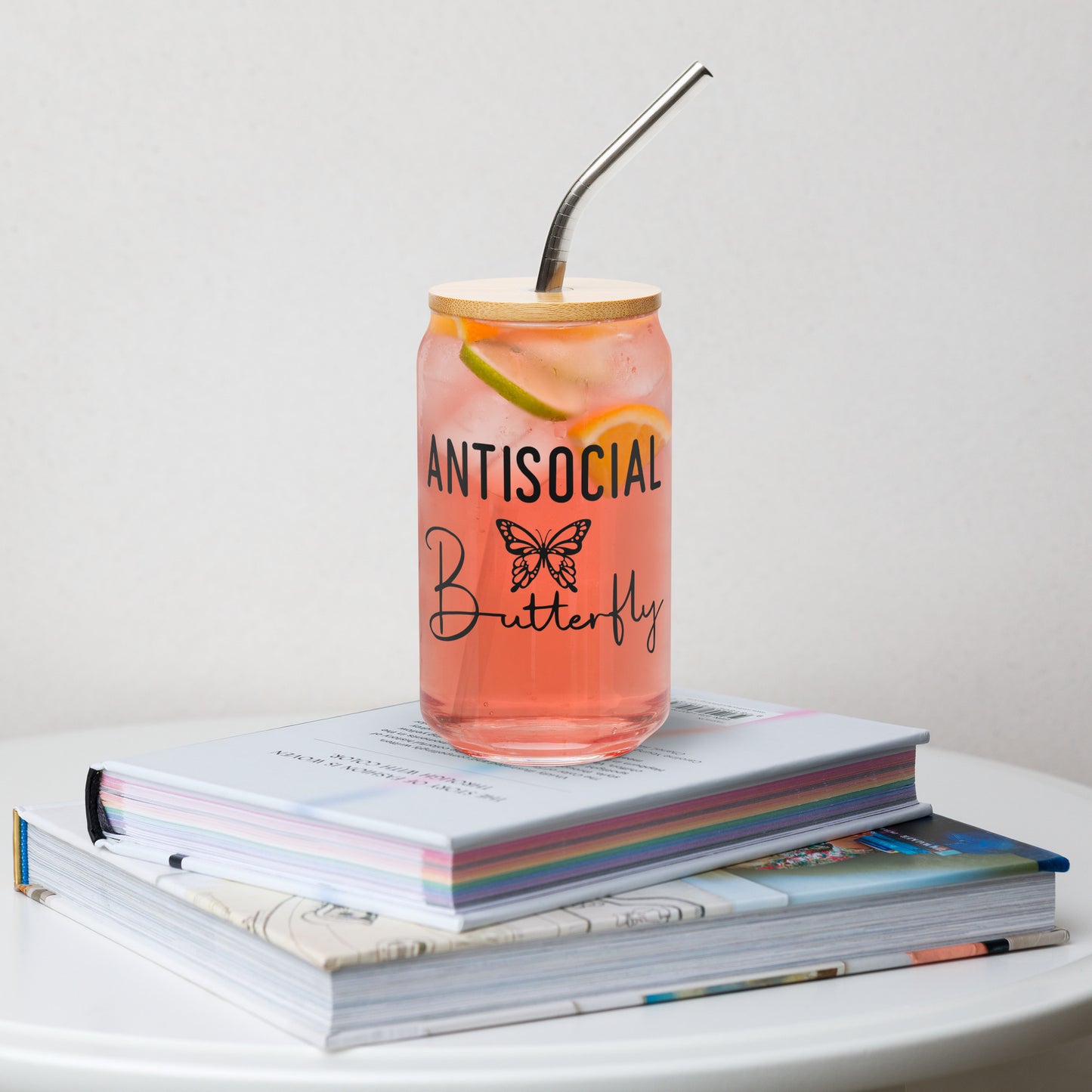 Can-shaped Glassware Anti Social Butterfly Graphic