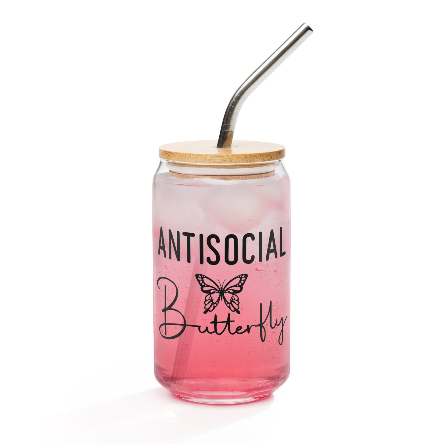 Can-shaped Glassware Anti Social Butterfly Graphic