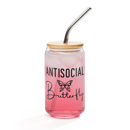 Can-shaped Glassware Anti Social Butterfly Graphic