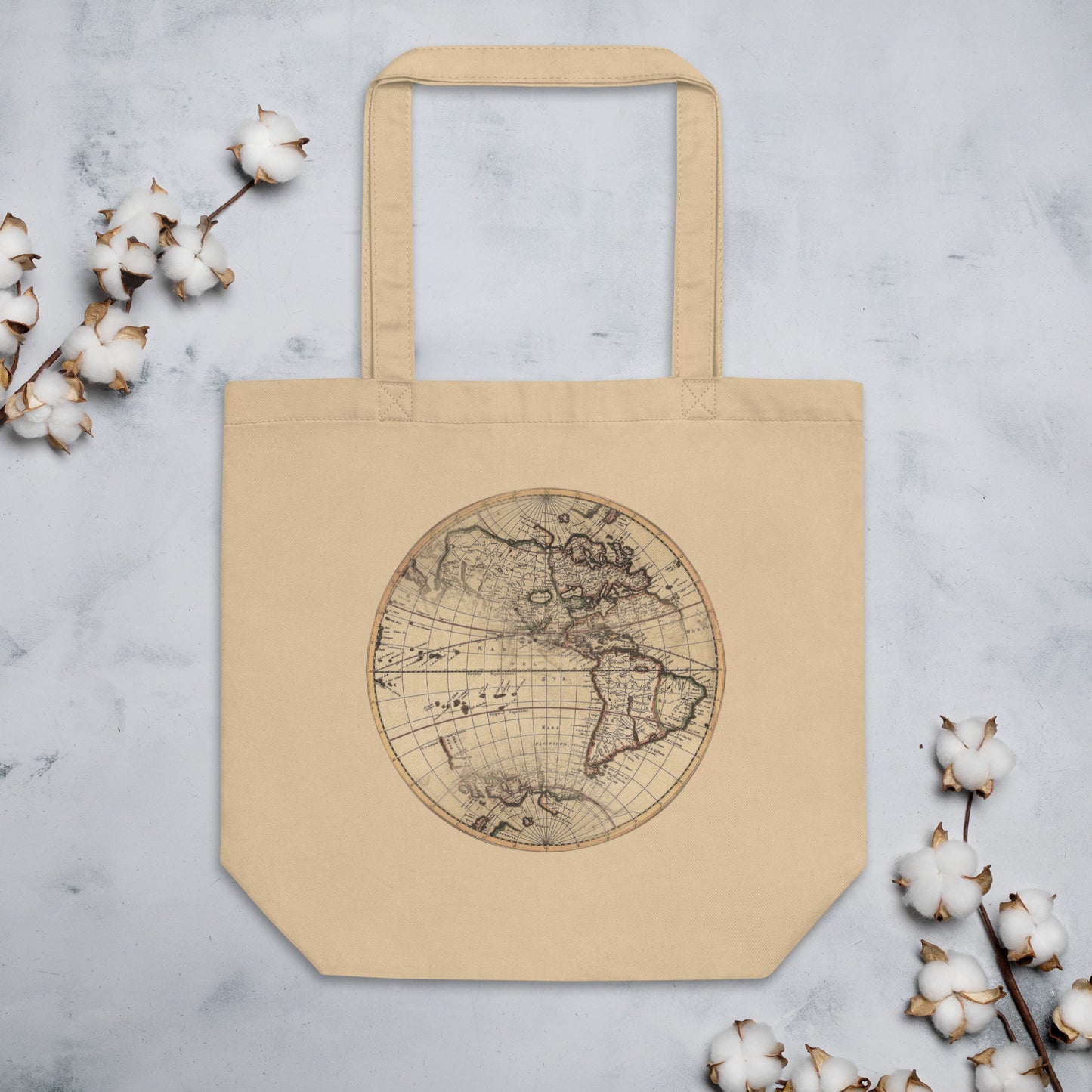 Eco Tote Bag 100% Certified Organic Cotton, Vintage Globe Graphic