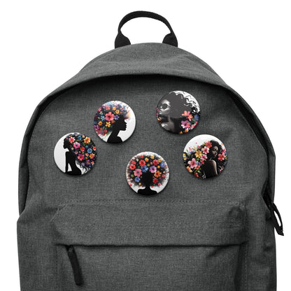 Set of Pin Buttons, Black Girl Curls & Flower Graphic