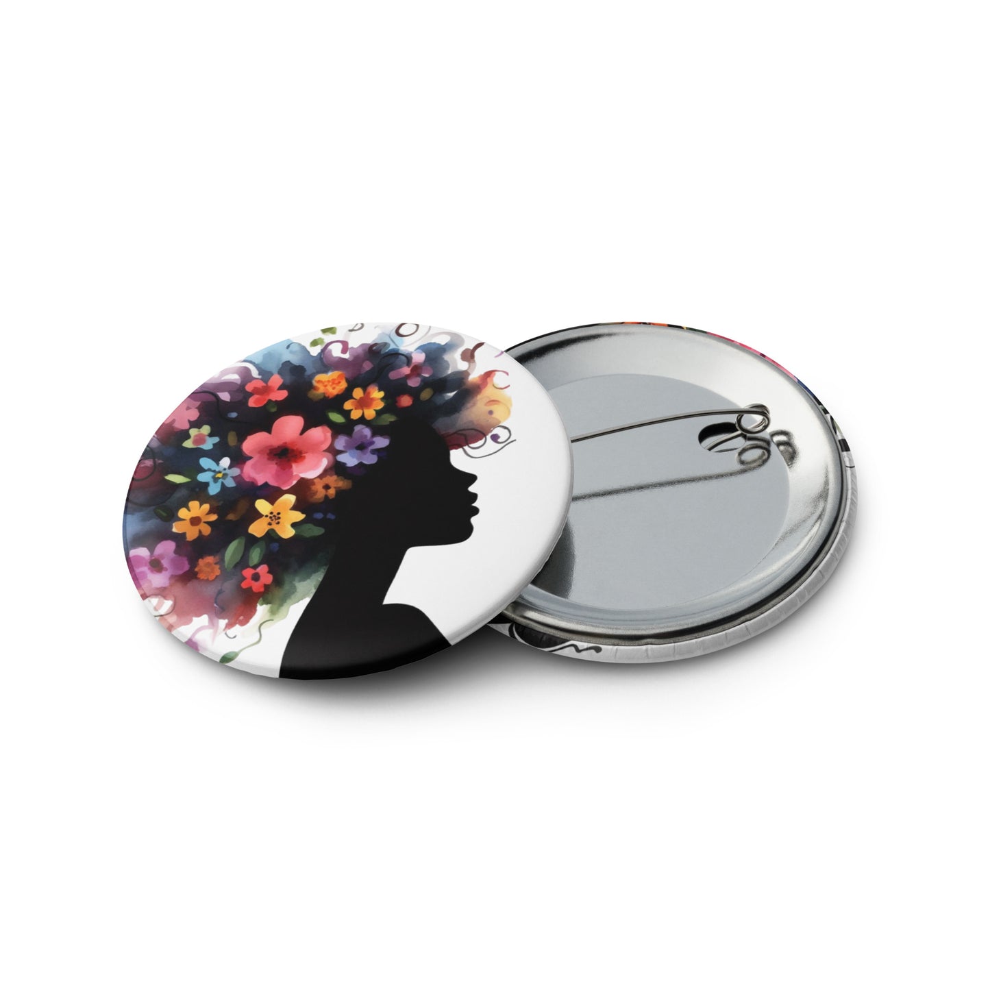 Set of Pin Buttons, Black Girl Curls & Flower Graphic
