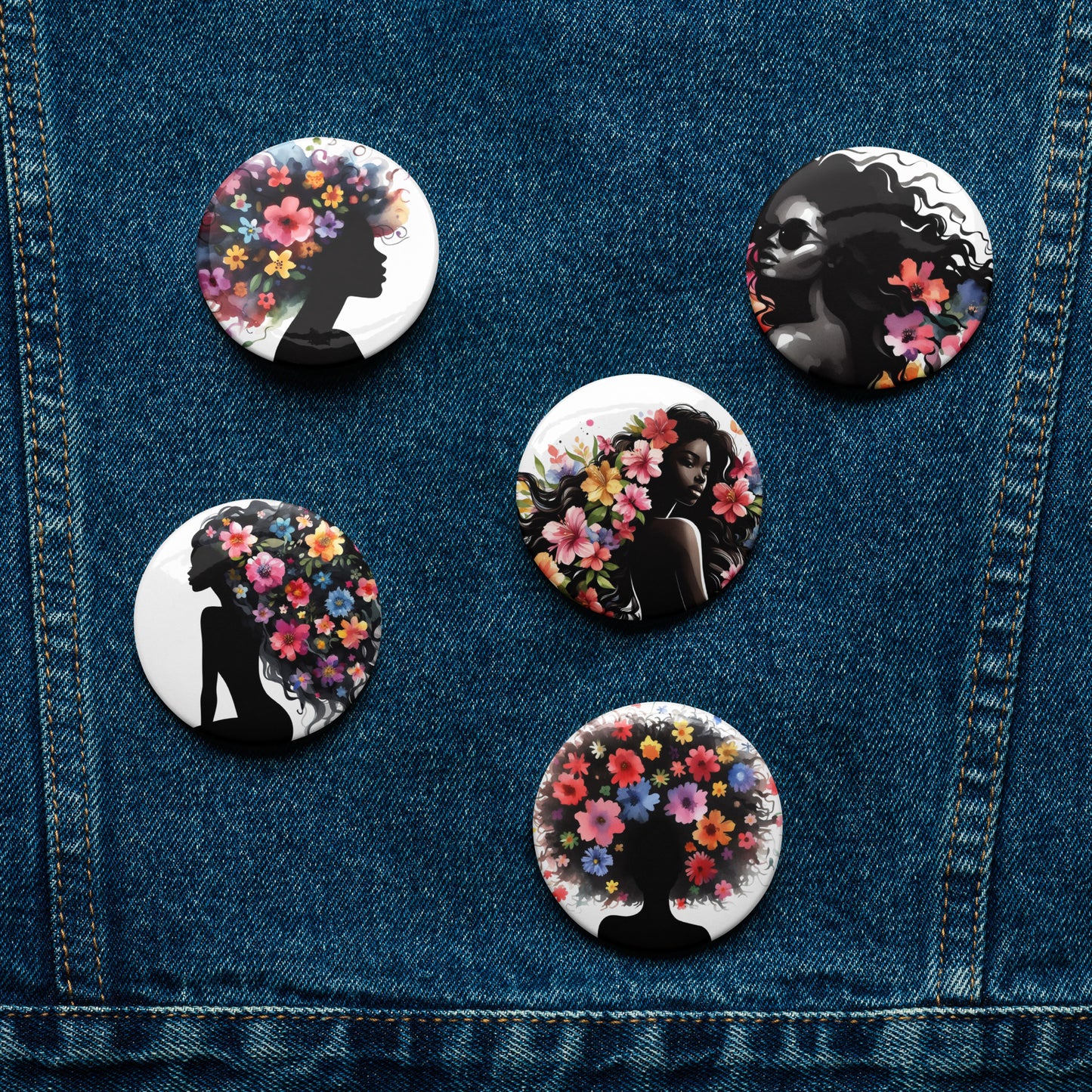 Set of Pin Buttons, Black Girl Curls & Flower Graphic