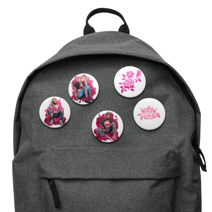 Set of Pin Buttons, Pink Roses Young Women Graphics