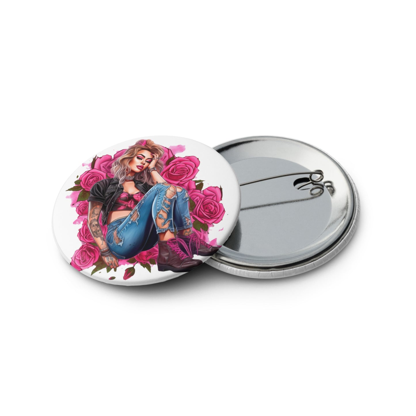 Set of Pin Buttons, Pink Roses Young Women Graphics