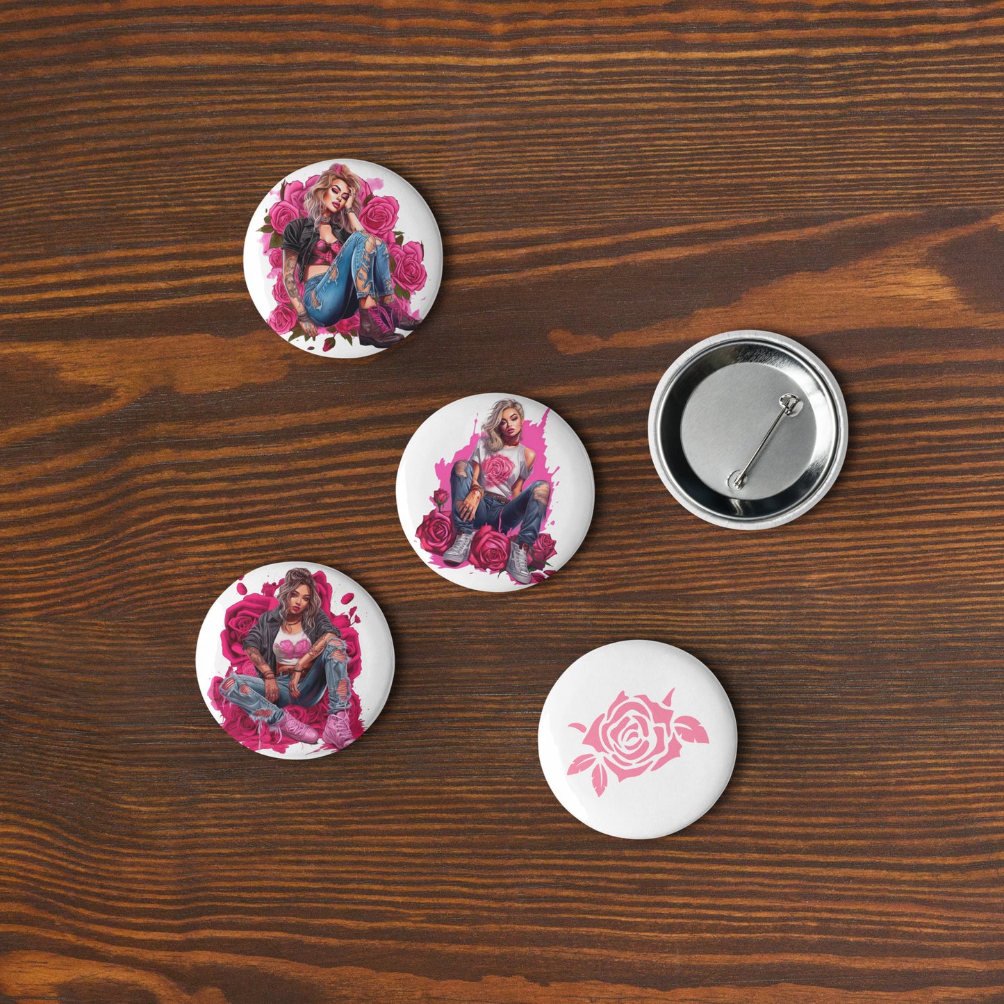 Set of Pin Buttons, Pink Roses Young Women Graphics