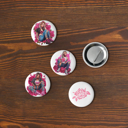 Set of Pin Buttons, Pink Roses Young Women Graphics
