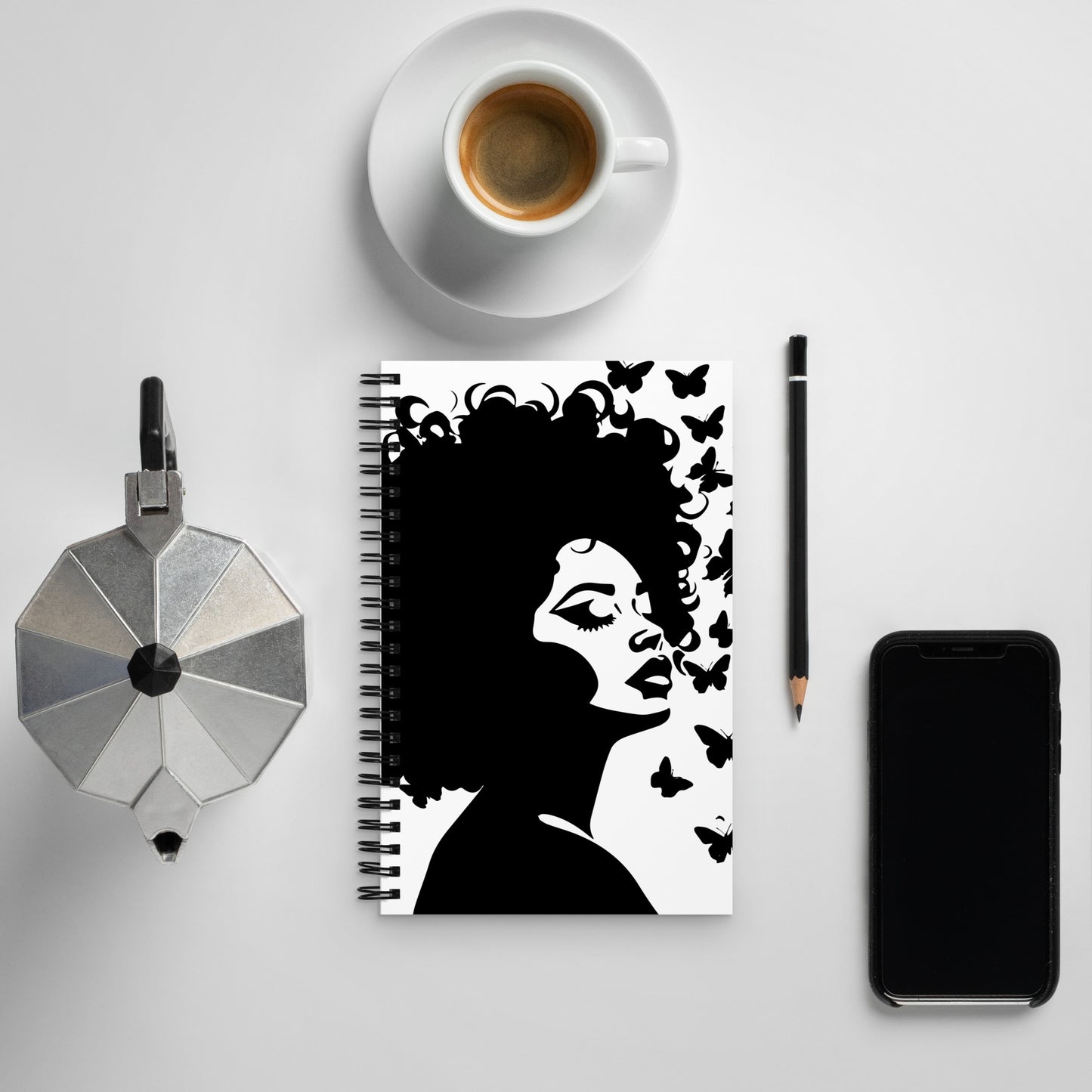 Journal Notebook Spiral Metal Binding, 140 Dotted Pages Soft Cover, Curly Afro Graphic