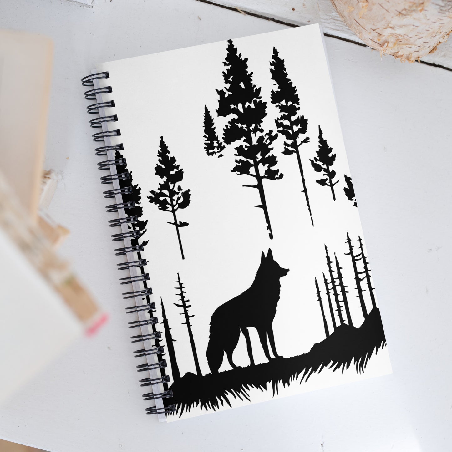 Journal Notebook Spiral Metal Binding, 140 Dotted Pages Soft Cover, Wolf Graphic