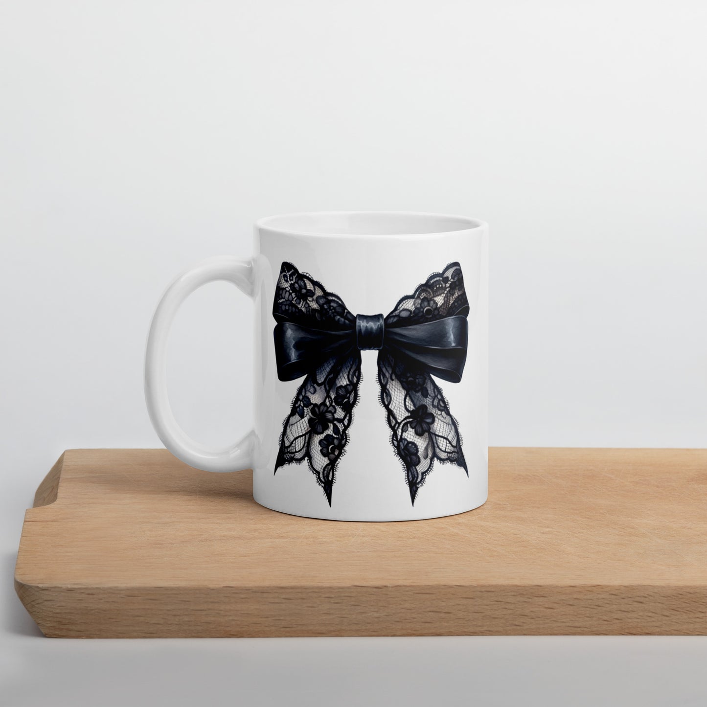 White Glossy Mug, Bow Graphic
