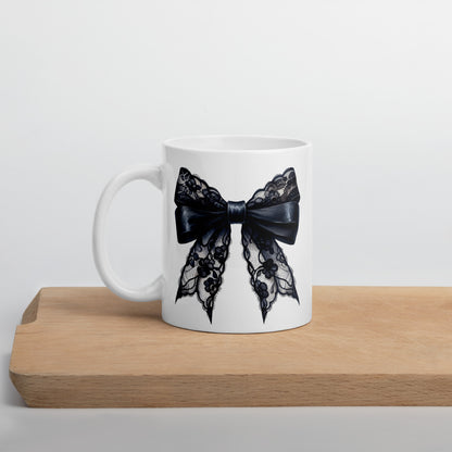 White Glossy Mug, Bow Graphic