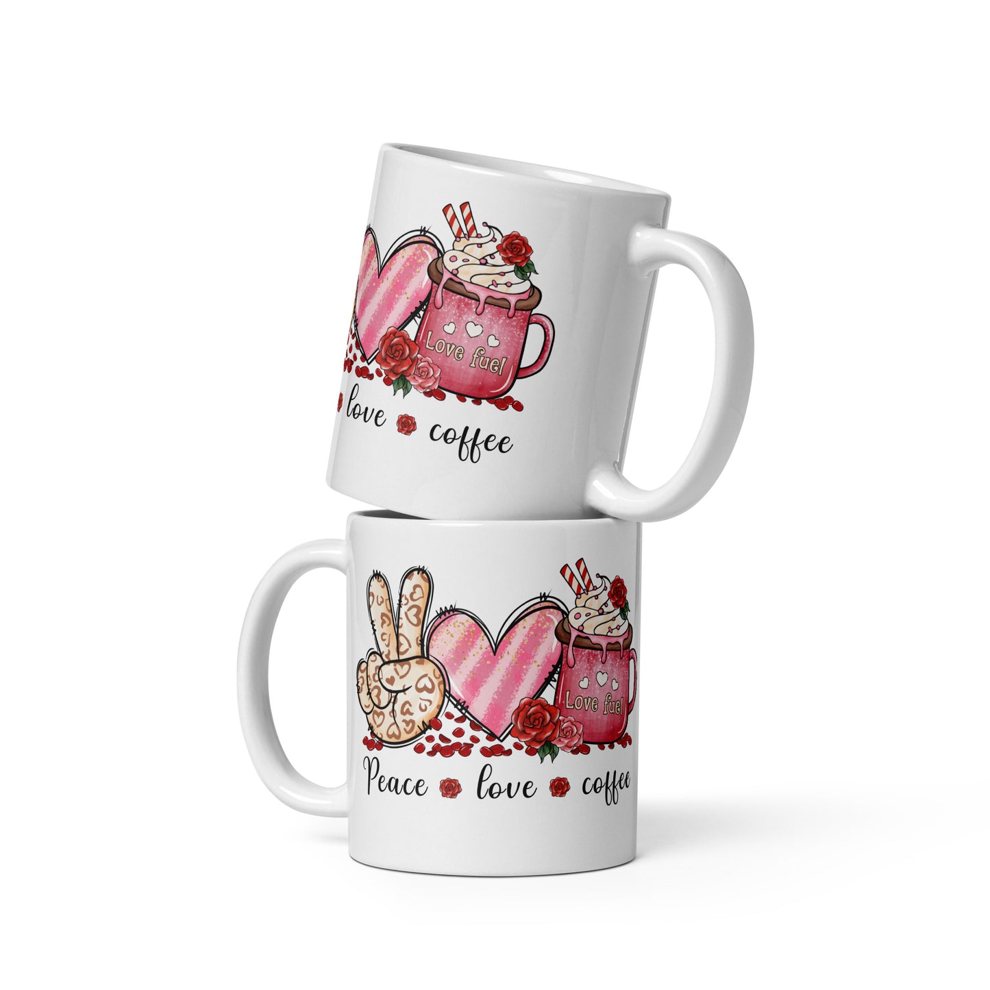 White Glossy Mug, Peace Love and Coffee Valentine’s Day