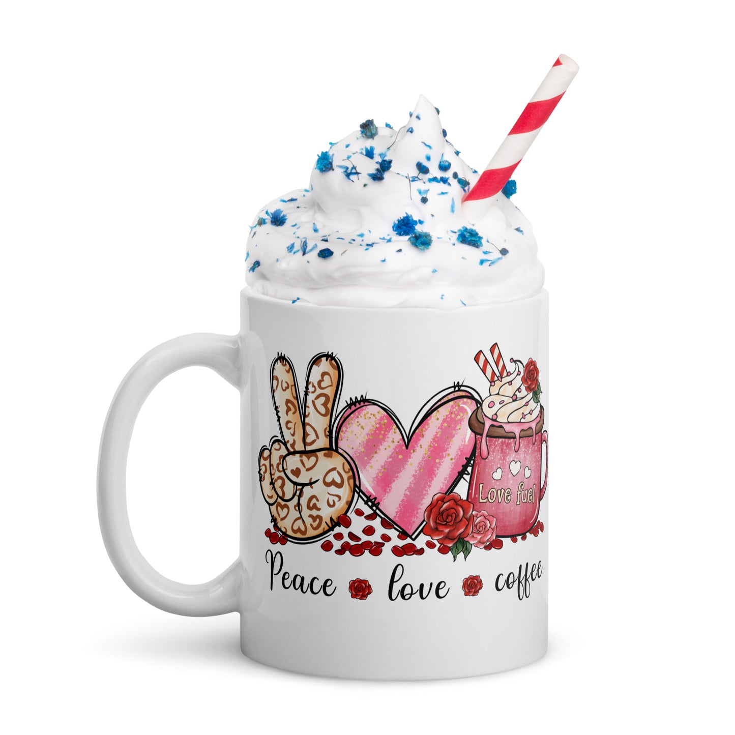 White Glossy Mug, Peace Love and Coffee Valentine’s Day