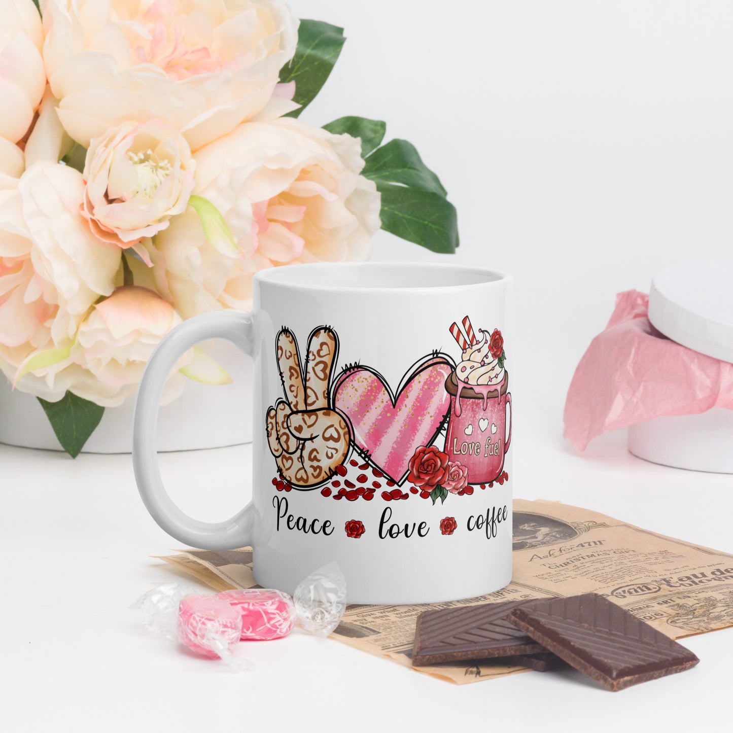 White Glossy Mug, Peace Love and Coffee Valentine’s Day