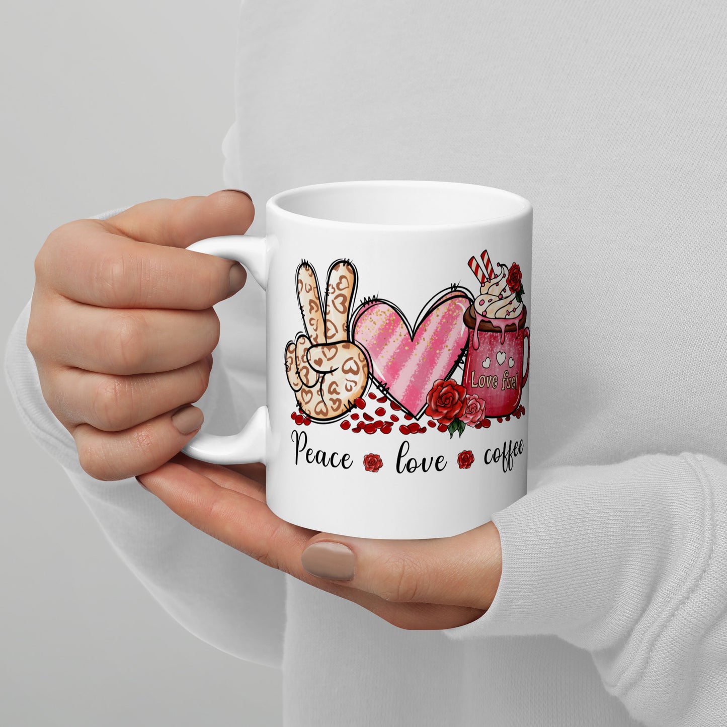 White Glossy Mug, Peace Love and Coffee Valentine’s Day