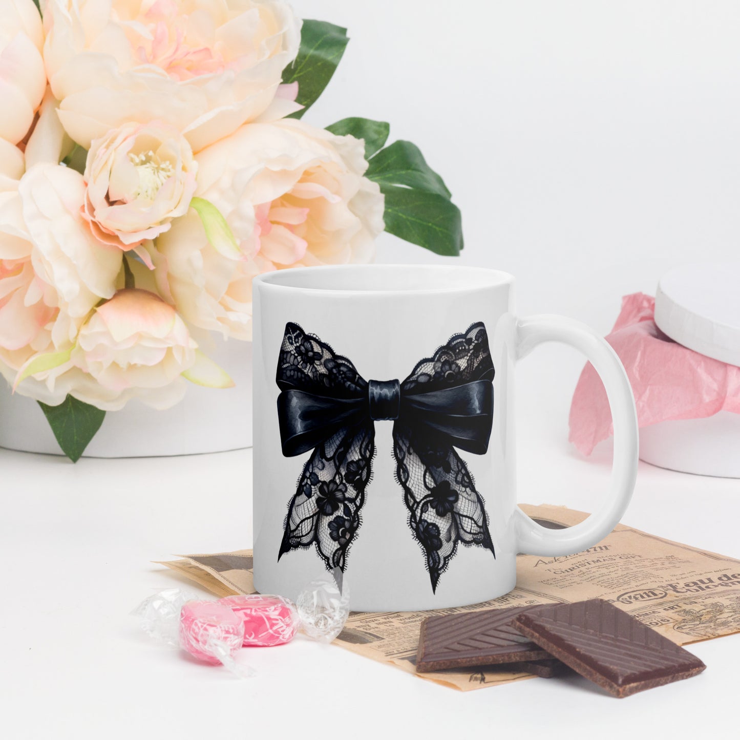White Glossy Mug, Bow Graphic