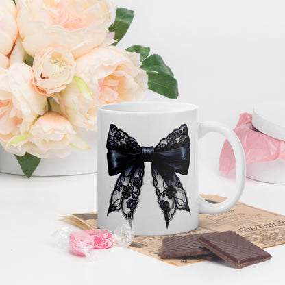 White Glossy Mug, Bow Graphic