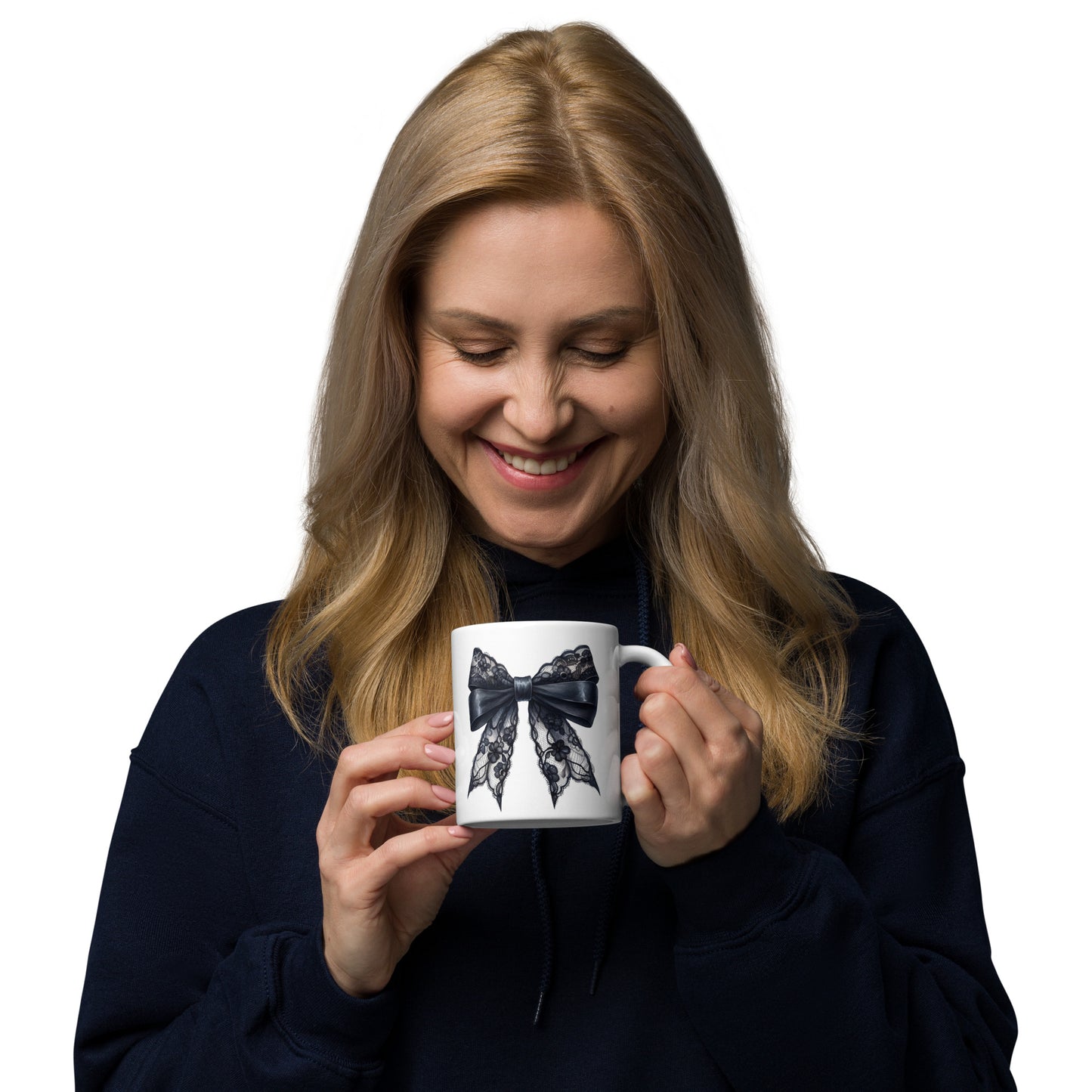 White Glossy Mug, Bow Graphic